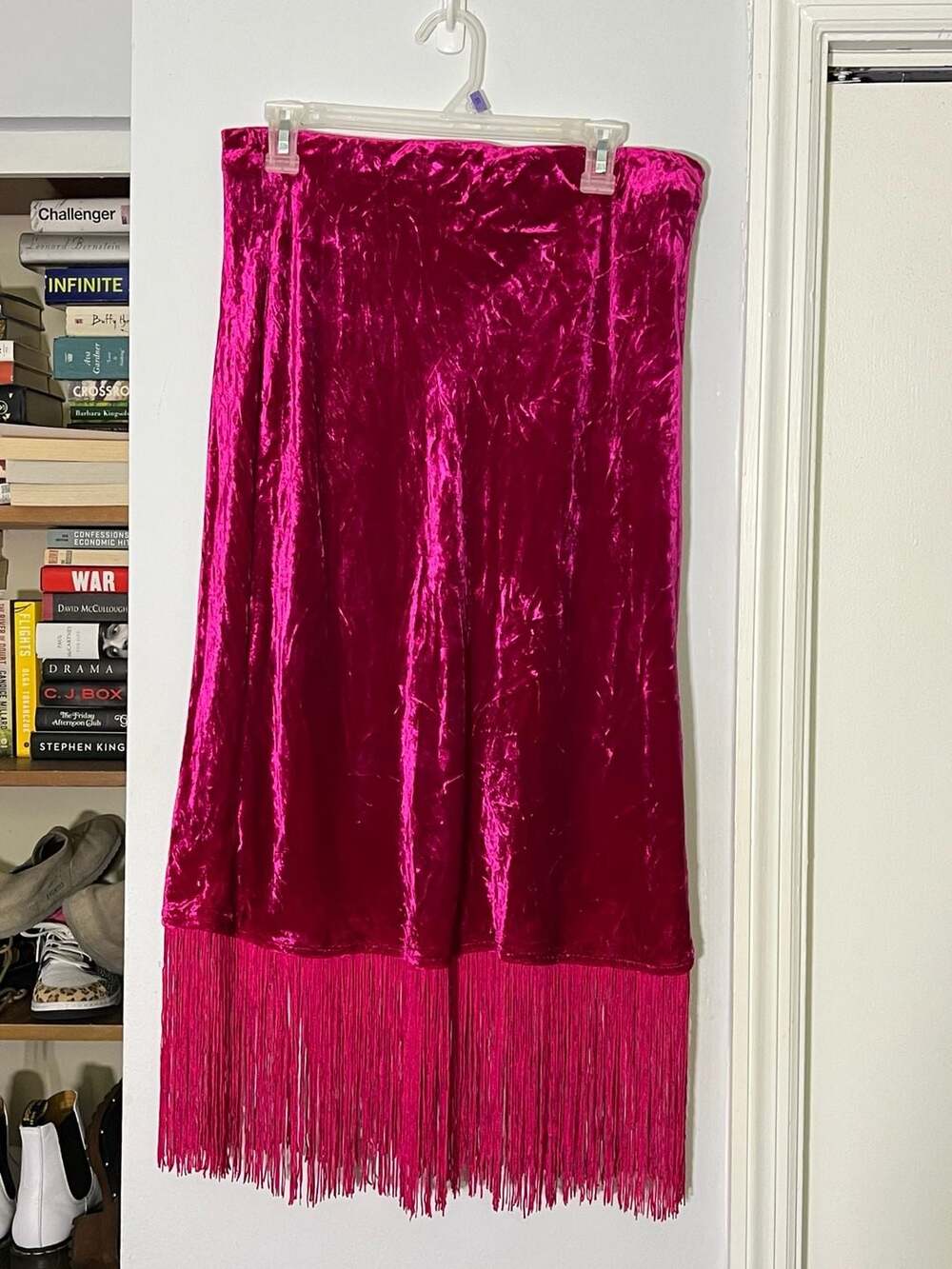 Anthropologie Crushed Velvet Fringe Midi Skirt Hot Pink